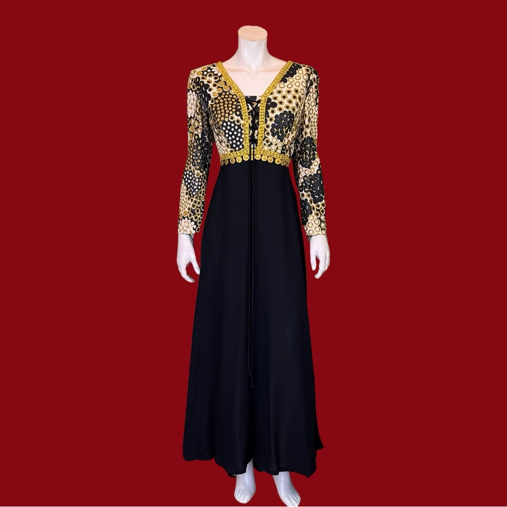 70s Black and Gold Abstract Geometric  Maxi Party Dress with COIN FRINGE / M L